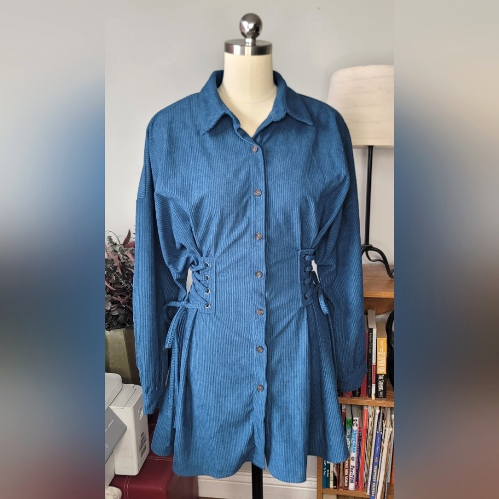 Cider Corduroy Dress Corset Style Waist Button Front Blue Size Small NWT